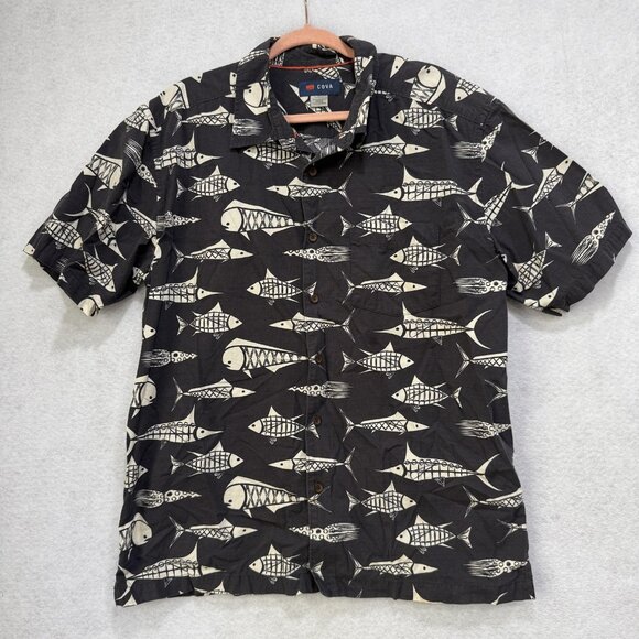 Cova Shirt Mens XL Black White Fish Print Button Up Short Sleeve Casual Beach - Picture 1 of 11